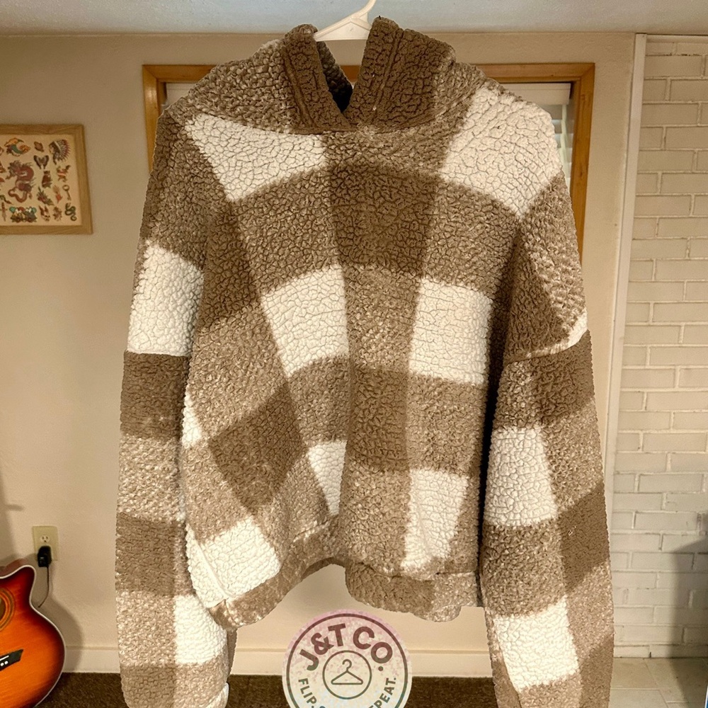 SHEIN Brown and White Cowl Neck Sweater with Bold Pattern